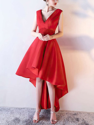 A-line V-neck Satin Asymmetrical Beading Prom Dresses #Milly020105372