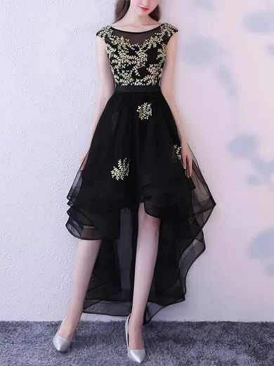 A-line Scoop Neck Tulle Asymmetrical Appliques Lace Prom Dresses #Milly020105373