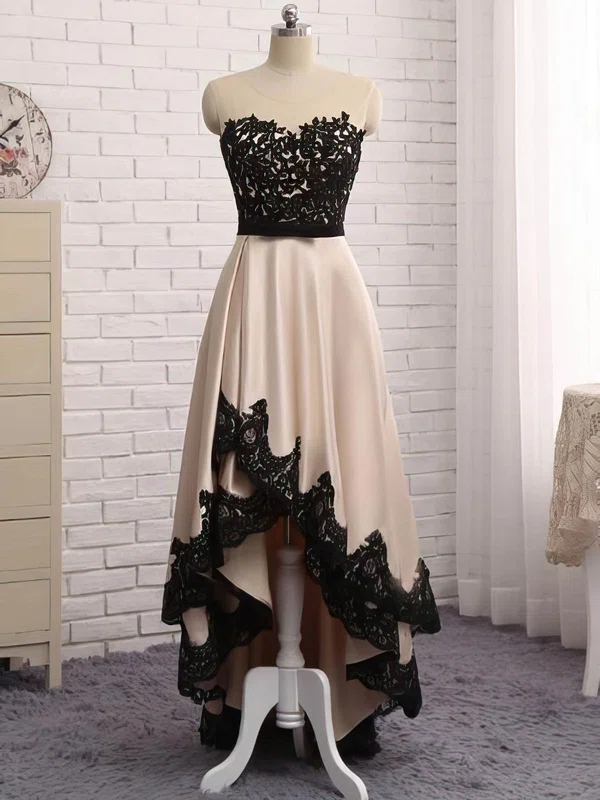 A-line Scoop Neck Satin Asymmetrical Appliques Lace Prom Dresses #Milly020105377