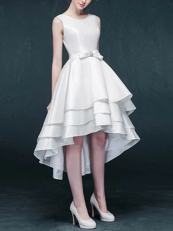 A-line Scoop Neck Satin Asymmetrical Sashes / Ribbons Prom Dresses #Milly020105382