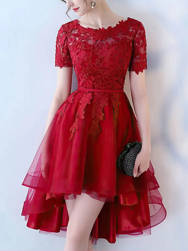 Short Sleeve Lace Tulle Asymmetrical Dress #Milly020105383