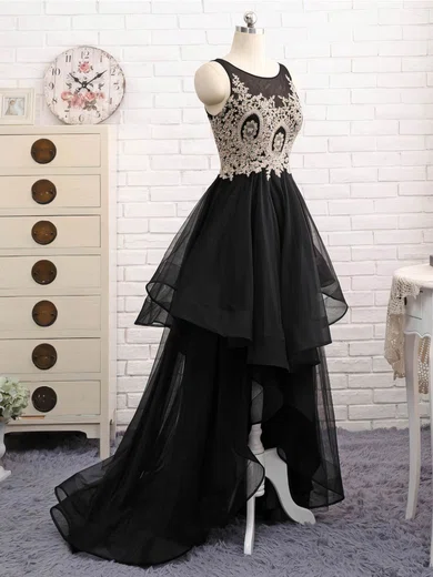 Black Ball Gown Illusion Tulle Prom Dresses With Appliques #Milly020105395