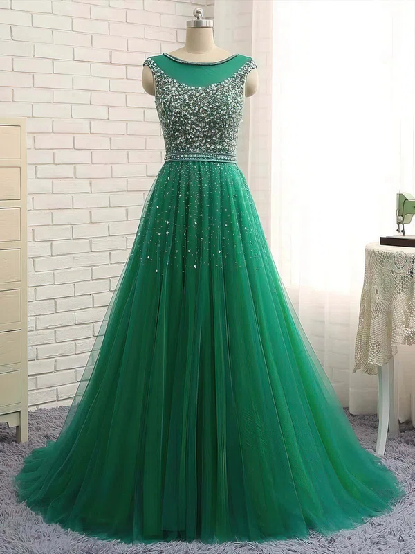 Ball Gown Scoop Neck Tulle Sweep Train Beading Prom Dresses ...