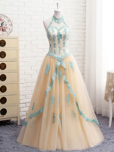 Ball Gown High Neck Tulle Cut Out Prom Dresses With Appliques #Milly020105411