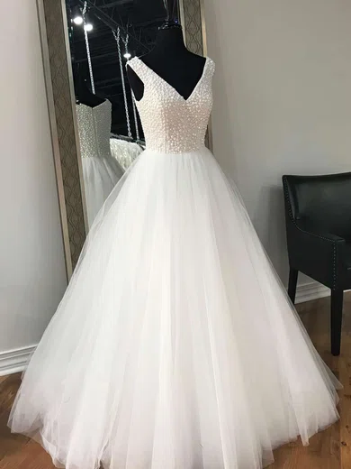 White Ball Gown V-neck Tulle Modest Prom Dresses With Beading #Milly020105414