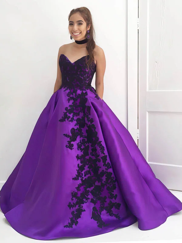 Ball Gown V-neck Satin Floor-length Appliques Lace Prom Dresses ...