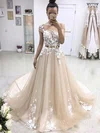 Ball Gown Scoop Neck Tulle Sweep Train Appliques Lace Prom Dresses #Milly020105431