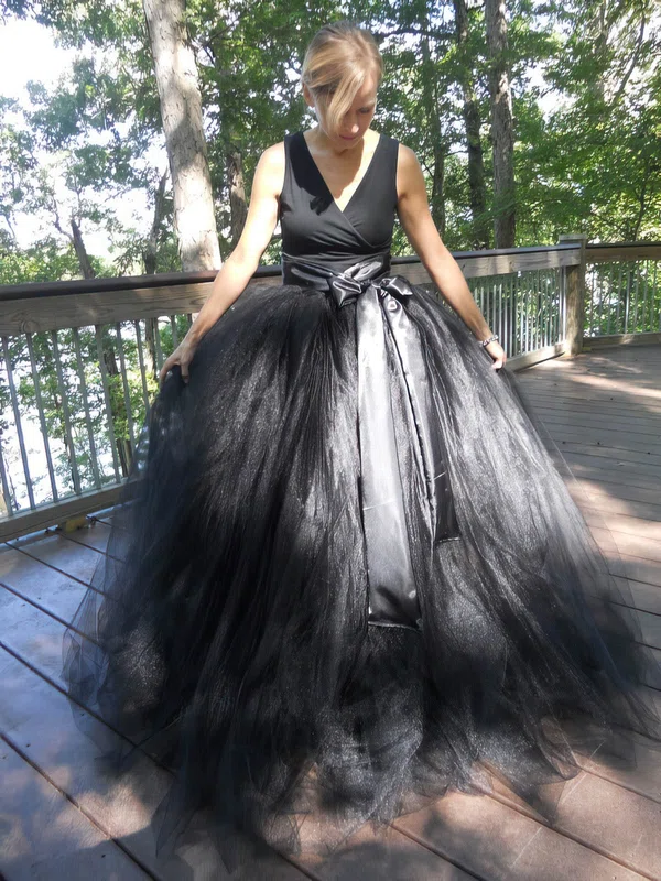 Ball Gown V-neck Tulle Floor-length Sashes / Ribbons Prom Dresses #Milly020105434
