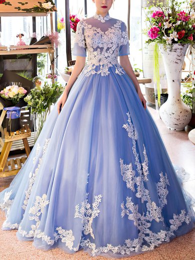 Ball Gown High Neck Tulle Sweep Train Appliques Lace Prom Dresses #Milly020105436