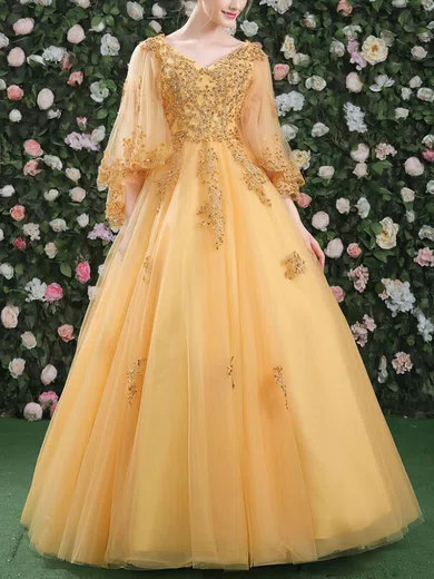Ball Gown V-neck Tulle Floor-length Beading Prom Dresses #Milly020105444