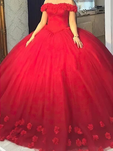 Ball Gown Off-the-shoulder Tulle Floor-length Flower(s) Prom Dresses #Milly020105446