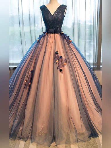 Ball Gown V-neck Tulle Floor-length Beading Prom Dresses #Milly020105448