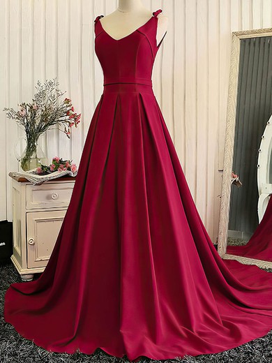 Ball Gown V-neck Silk-like Satin Sweep Train Sashes / Ribbons Prom Dresses #Milly020105449