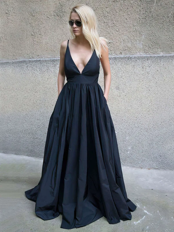 Ball Gown/Princess Floor-length V-neck Satin Pockets Prom Dresses #Milly020105455