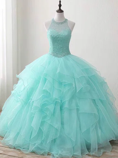 Ball Gown Illusion Tulle Ruffle Tiered Prom Dresses With Beading #Milly020105457