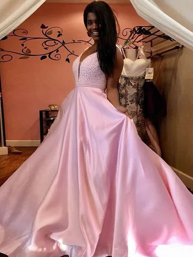 Ball Gown V-neck Satin Sweep Train Beading Prom Dresses #Milly020105458