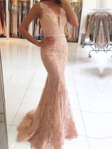 Mermaid V-neck Lace Tulle Prom Dresses With Appliques #Milly020105460