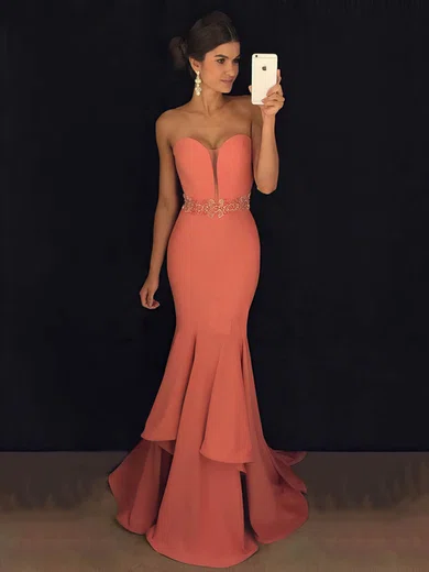Trumpet/Mermaid V-neck Silk-like Satin Sweep Train Beading Prom Dresses #Milly020105477