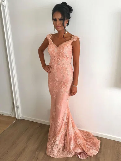 Sheath/Column V-neck Lace Sweep Train Beading Prom Dresses #Milly020105514