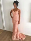 Sheath/Column V-neck Lace Sweep Train Beading Prom Dresses #Milly020105514