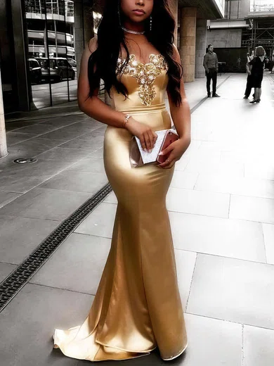 Trumpet/Mermaid Sweetheart Satin Sweep Train Beading Prom Dresses #Milly020105527