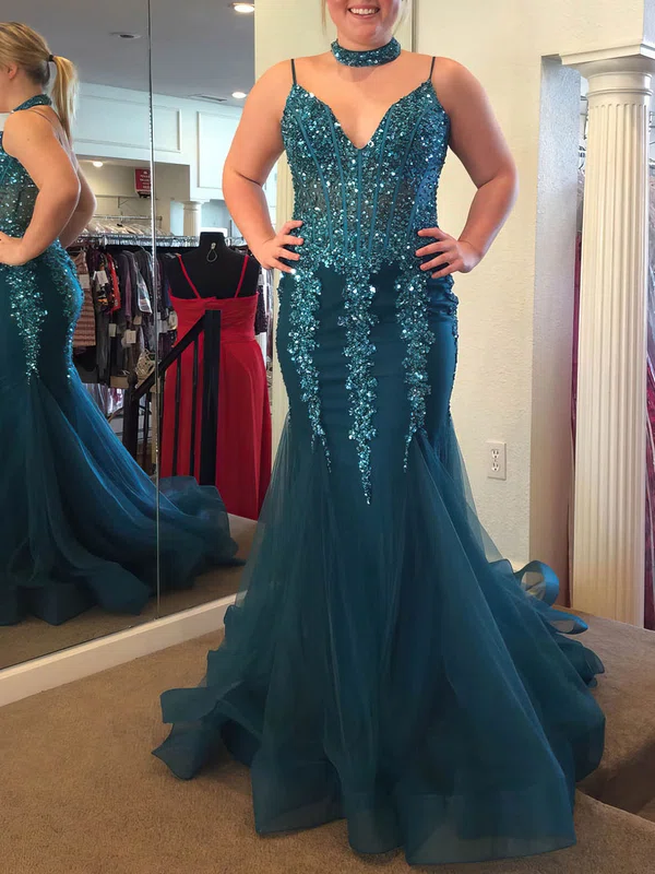 Trumpet/Mermaid V-neck Organza Sweep Train Beading Prom Dresses #Milly020105530