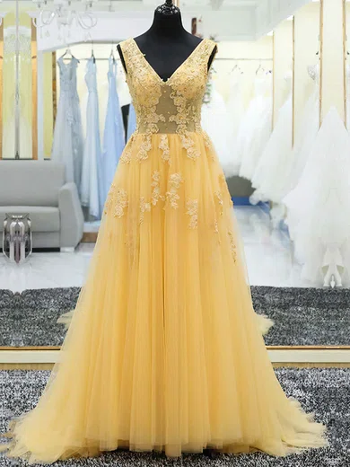 Ball Gown V-neck Tulle Prom Dresses With Appliques #Milly020105560