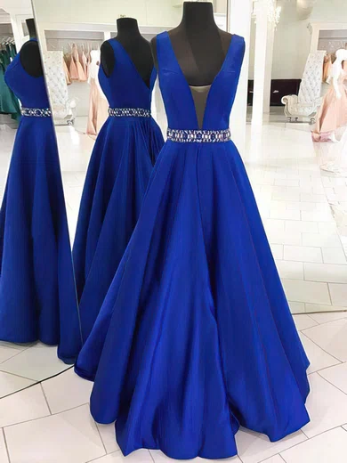 Ball Gown V-neck Satin Prom Dresses With Beading #Milly020105569