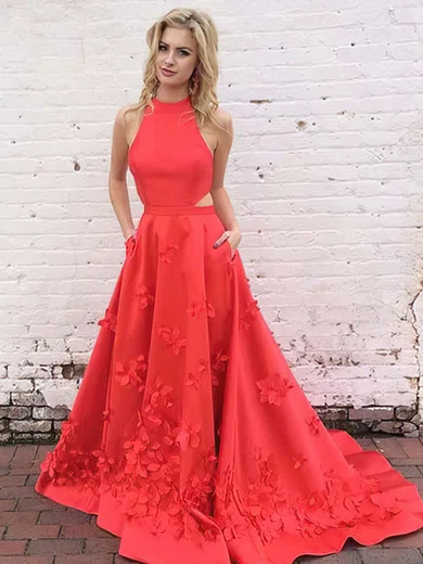 Princess High Neck Satin Sweep Train Appliques Lace Prom Dresses #Milly020105570