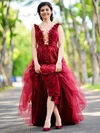Princess V-neck Tulle Sweep Train Appliques Lace Prom Dresses #Milly020105578