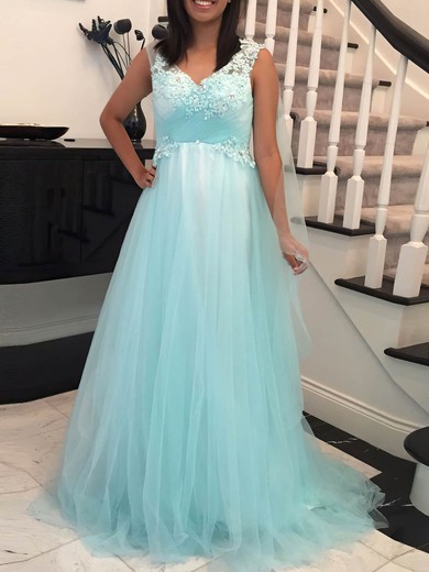 Princess V-neck Tulle Sweep Train Beading Prom Dresses #Milly020105579