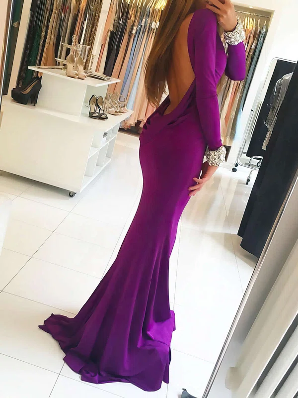 Trumpet/Mermaid Scoop Neck Jersey Sweep Train Beading Prom Dresses #Milly020105582
