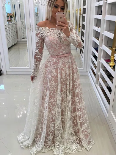 A-line Off-the-shoulder Lace Floor-length Appliques Lace Prom Dresses #Milly020105583