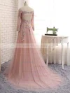 Princess Off-the-shoulder Lace Tulle Sweep Train Appliques Lace Prom Dresses #Milly020105584