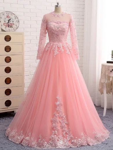 Ball Gown Illusion Tulle Modest Prom Dresses With Appliques #Milly020105585