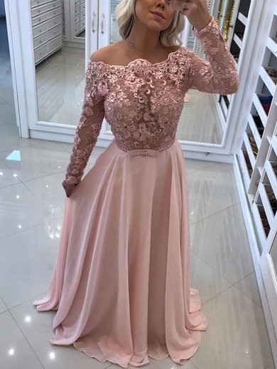 A-line Off-the-shoulder Chiffon Floor-length Appliques Lace Prom Dresses #Milly020105588