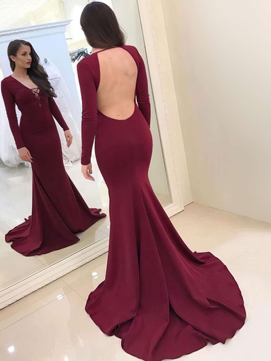 Trumpet/Mermaid V-neck Jersey Sweep Train Prom Dresses #Milly020105591