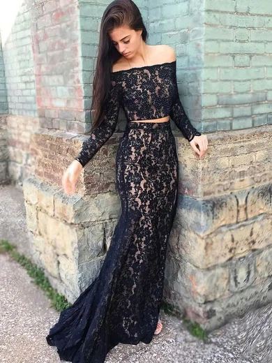 Trumpet/Mermaid Off-the-shoulder Lace Sweep Train Beading Prom Dresses #Milly020105604