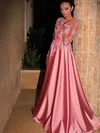 A-line Scoop Neck Satin Tulle Sweep Train Appliques Lace Prom Dresses #Milly020105622