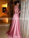 A-line Scoop Neck Satin Tulle Sweep Train Appliques Lace Prom Dresses #Milly020105622