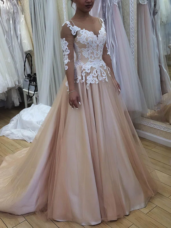 Ball Gown Scoop Neck Satin Tulle Sweep Train Appliques Lace Prom Dresses #Milly020105643