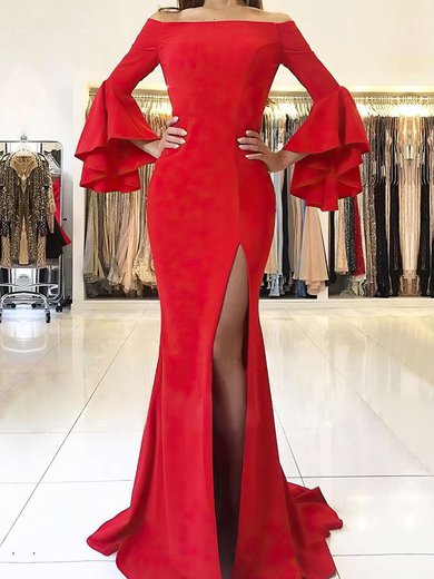 Trumpet/Mermaid Off-the-shoulder Jersey Sweep Train Split Front Prom Dresses #Milly020105645