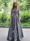 A-line Scalloped Neck Satin Floor-length Appliques Lace Prom Dresses #Milly020105646