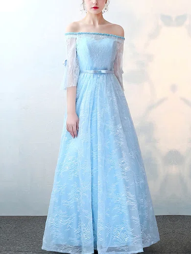 A-line Off-the-shoulder Lace Floor-length Sashes / Ribbons Prom Dresses #Milly020105647