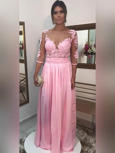 A-line V-neck Chiffon Tulle Floor-length Appliques Lace Prom Dresses #Milly020105648