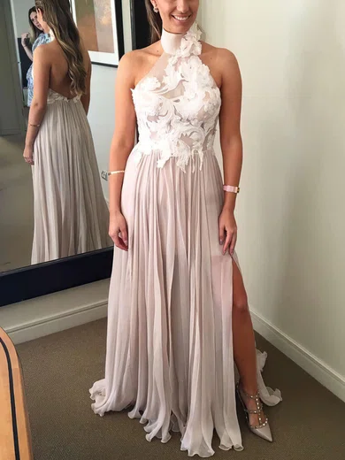 A-line Halter Chiffon Sweep Train Appliques Lace Prom Dresses #Milly020105652