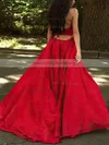 Princess V-neck Satin Sweep Train Ruffles Prom Dresses #Milly020105675