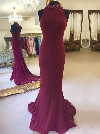 Trumpet/Mermaid High Neck Jersey Sweep Train Beading Prom Dresses #Milly020105677