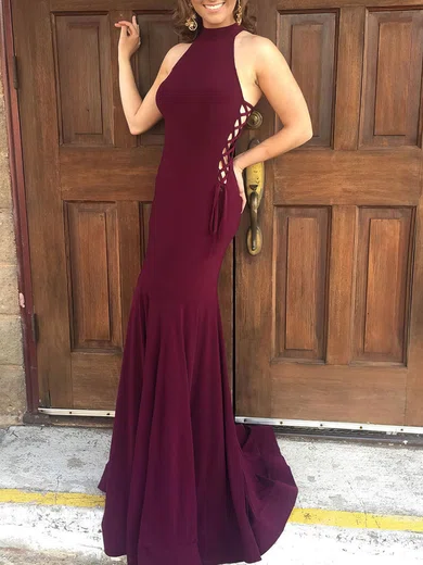 Trumpet/Mermaid High Neck Jersey Sweep Train Prom Dresses #Milly020105684
