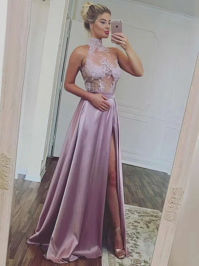 A-line High Neck Satin Floor-length Appliques Lace Prom Dresses #Milly020105685